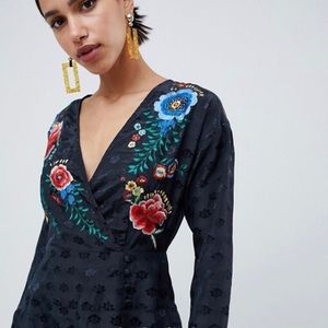 jacquard wrap midi dress, long sleeves, embroidery